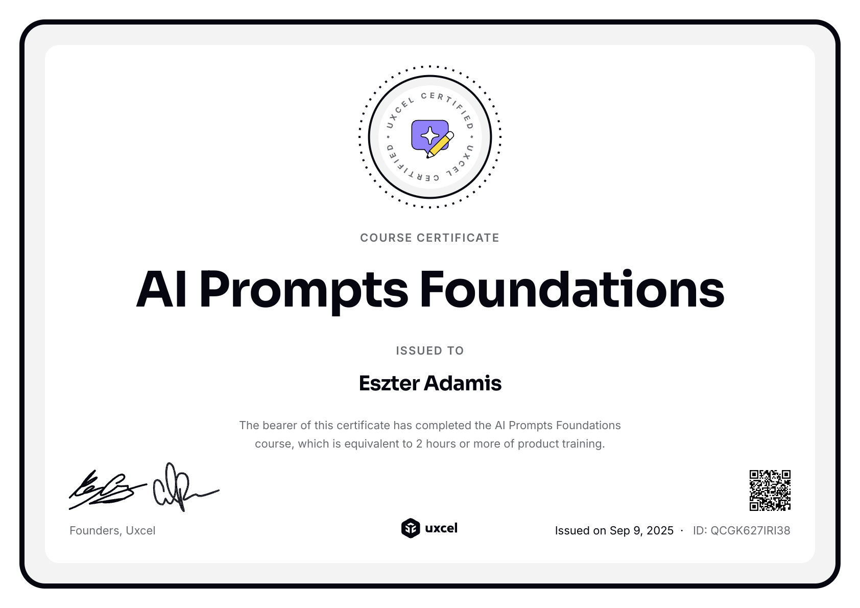 Eszter Adamis's certificate